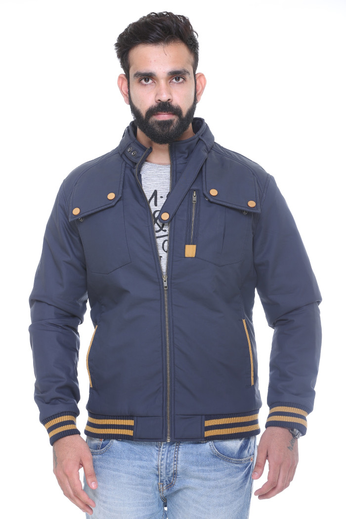 Men's High Neck Casual Winter Jacket With Contrasting Cuffs in Navy