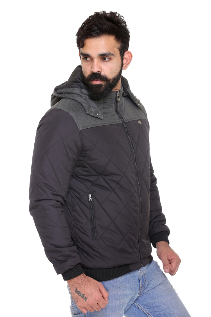 A model showcasing Men's High Neck Quilted Zipper Jacket With Detachable Hood thumbnail.