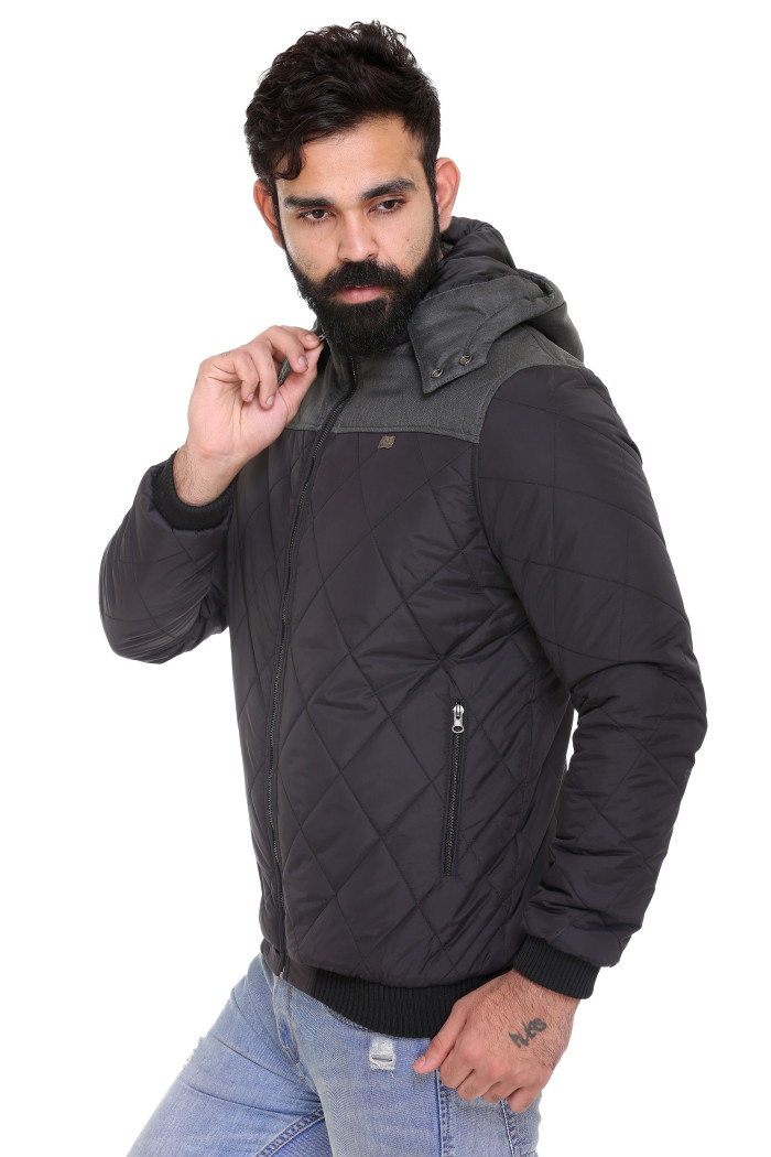 A model showcasing Men's High Neck Quilted Zipper Jacket With Detachable Hood thumbnail.