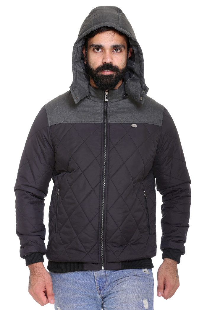 A model showcasing Men's High Neck Quilted Zipper Jacket With Detachable Hood thumbnail.