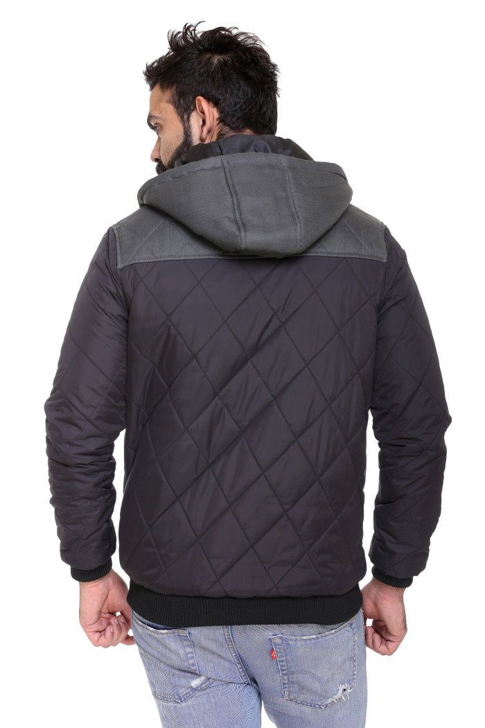 A model showcasing Men's High Neck Quilted Zipper Jacket With Detachable Hood thumbnail.