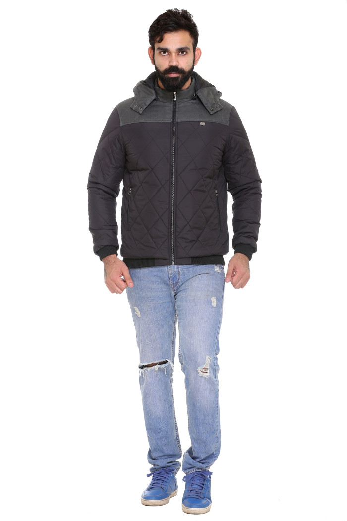 A model showcasing Men's High Neck Quilted Zipper Jacket With Detachable Hood thumbnail.