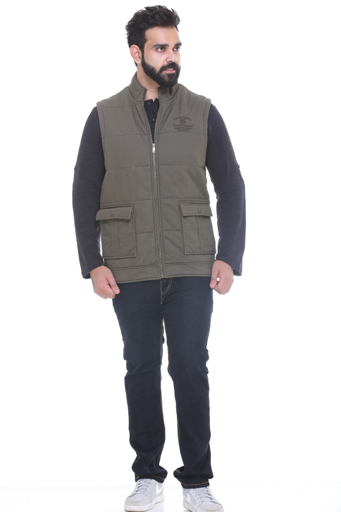 A model showcasing Cotton High Neck Half Jacket For Men thumbnail.