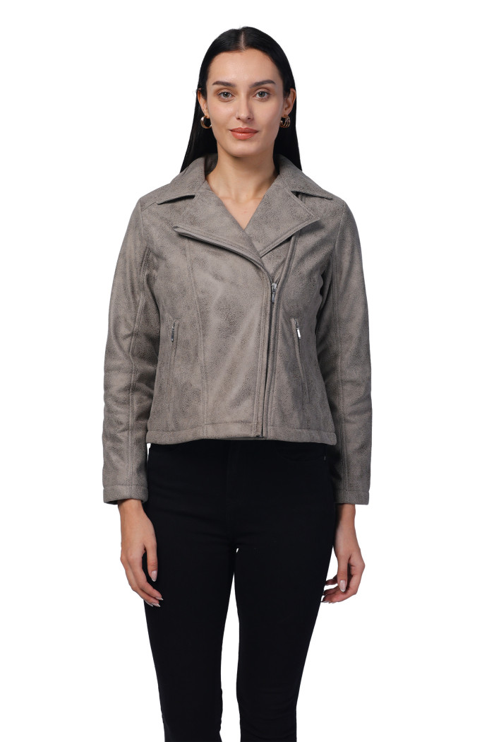 Women Leather Look Suede Fabric Biker Jacket in Beige