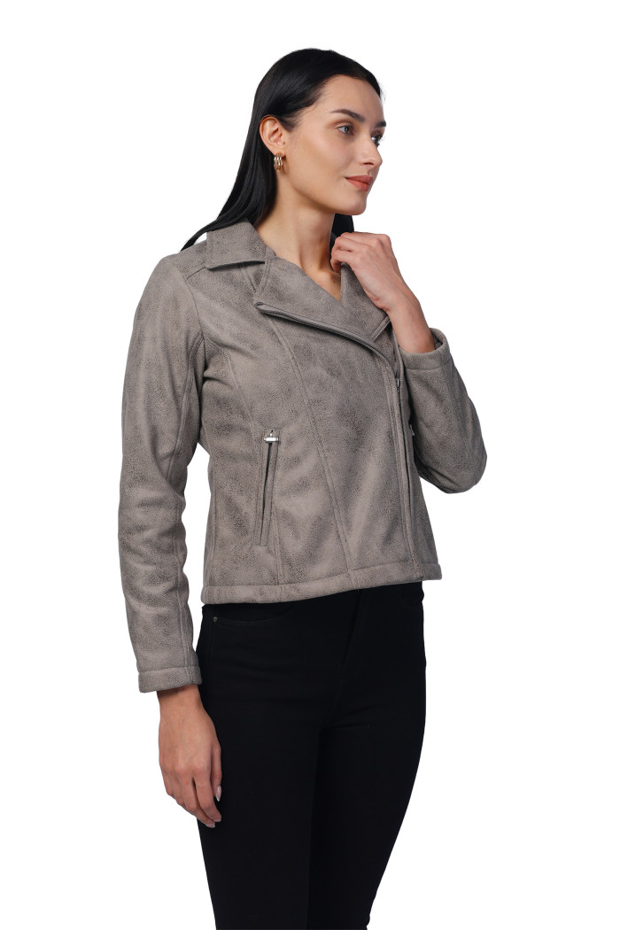 A model showcasing Women Leather Look Suede Fabric Biker Jacket thumbnail.