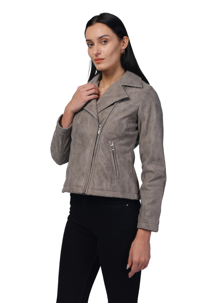 A model showcasing Women Leather Look Suede Fabric Biker Jacket thumbnail.