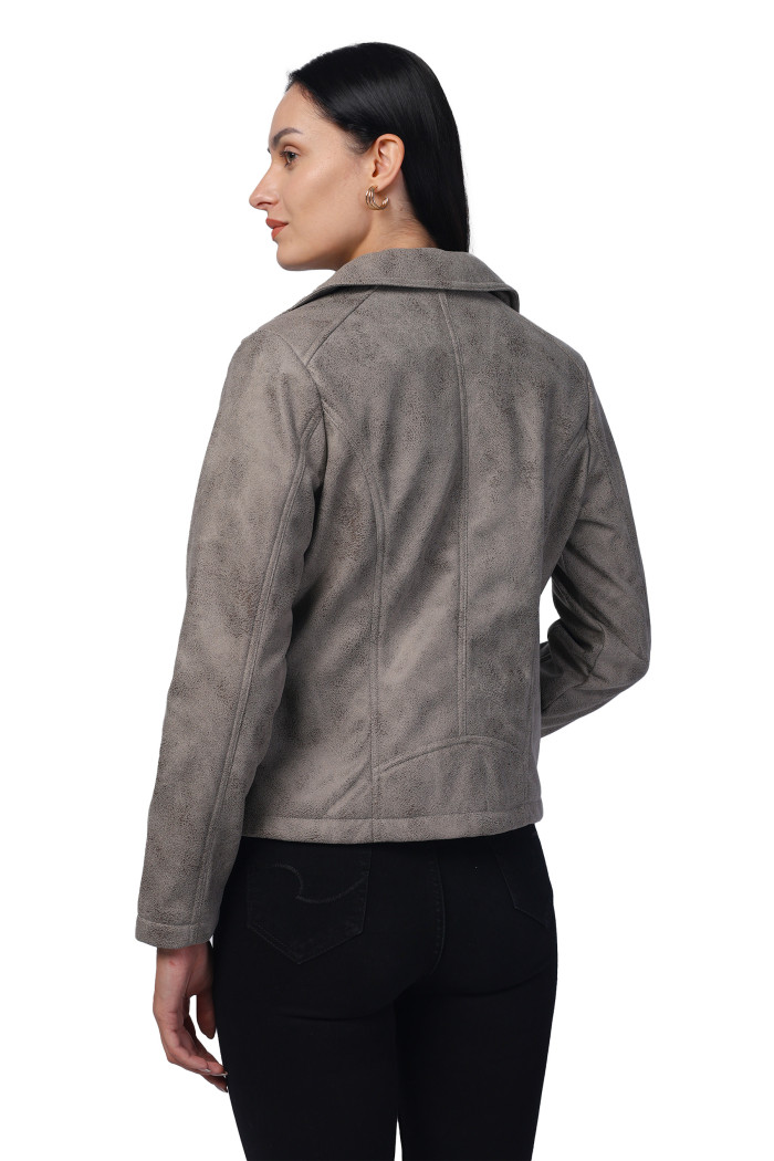 A model showcasing Women Leather Look Suede Fabric Biker Jacket thumbnail.