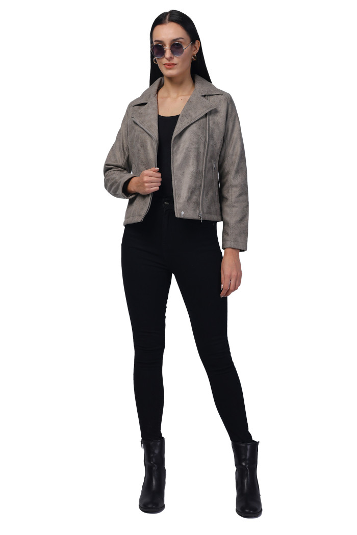 A model showcasing Women Leather Look Suede Fabric Biker Jacket thumbnail.