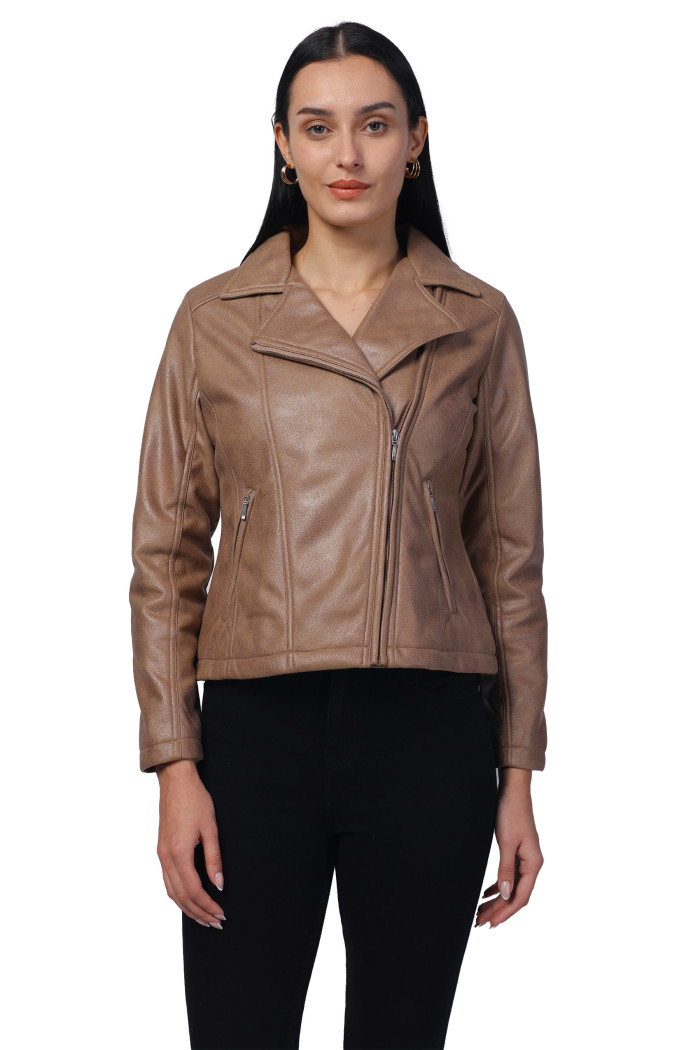 Women Leather Look Suede Fabric Biker Jacket in Tan