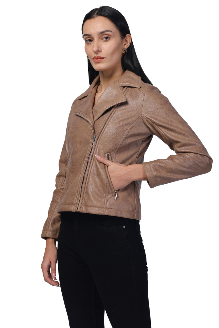 A model showcasing Women Leather Look Suede Fabric Biker Jacket thumbnail.