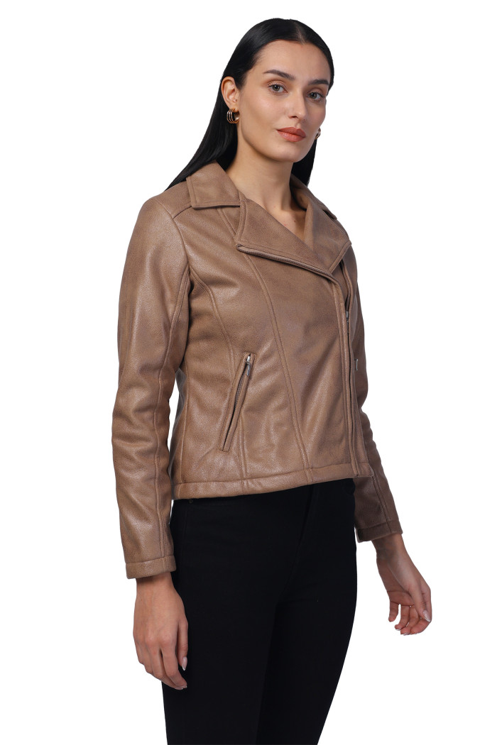 A model showcasing Women Leather Look Suede Fabric Biker Jacket thumbnail.