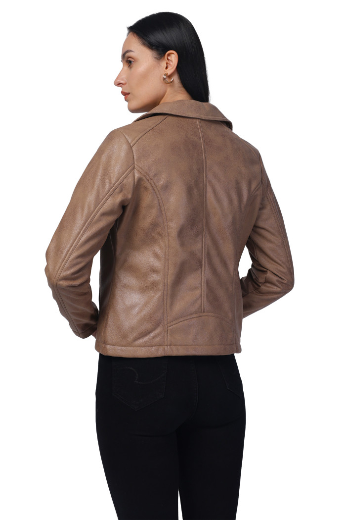 A model showcasing Women Leather Look Suede Fabric Biker Jacket thumbnail.