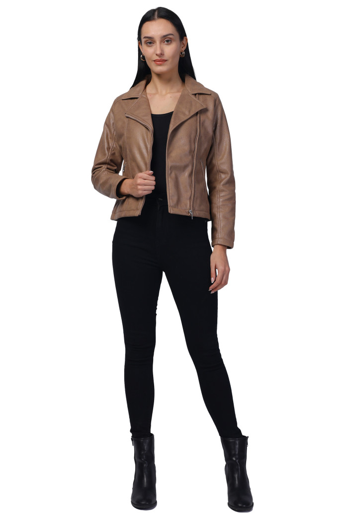 A model showcasing Women Leather Look Suede Fabric Biker Jacket thumbnail.