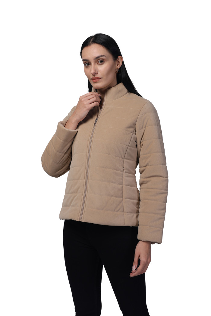 A model showcasing Women Quilted Jacket in Velvet Fabric With Concealed Zipper Pocket thumbnail.