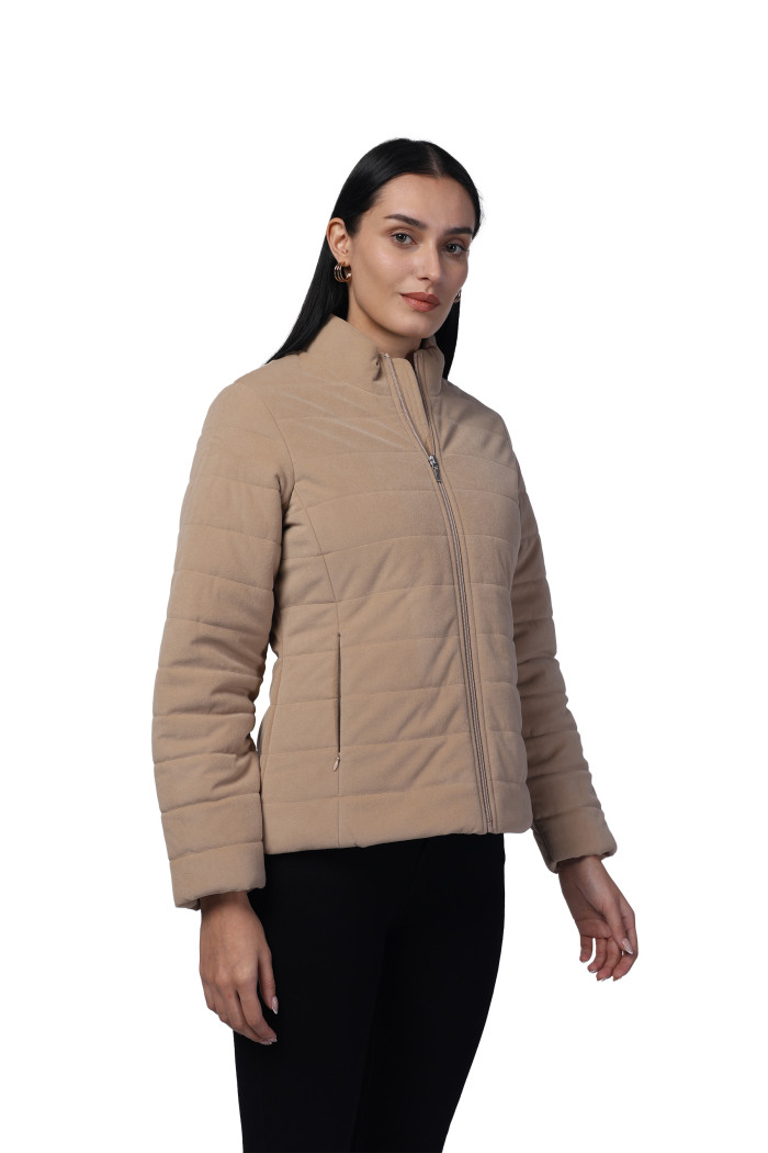 A model showcasing Women Quilted Jacket in Velvet Fabric With Concealed Zipper Pocket thumbnail.