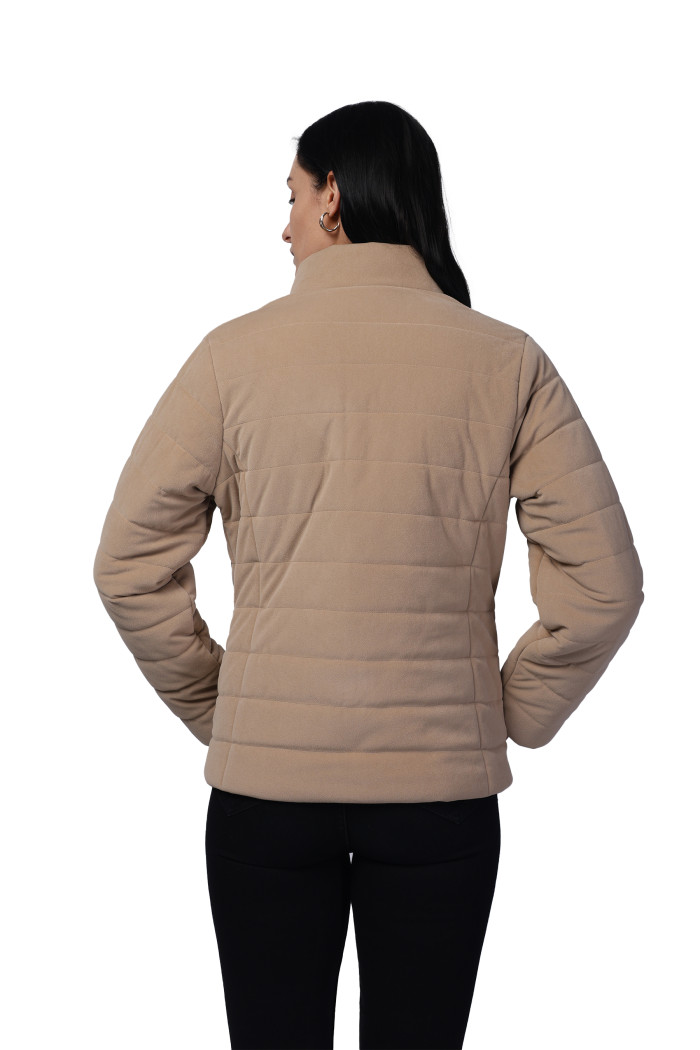 A model showcasing Women Quilted Jacket in Velvet Fabric With Concealed Zipper Pocket thumbnail.