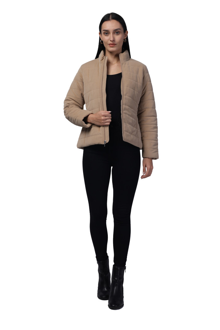 A model showcasing Women Quilted Jacket in Velvet Fabric With Concealed Zipper Pocket thumbnail.