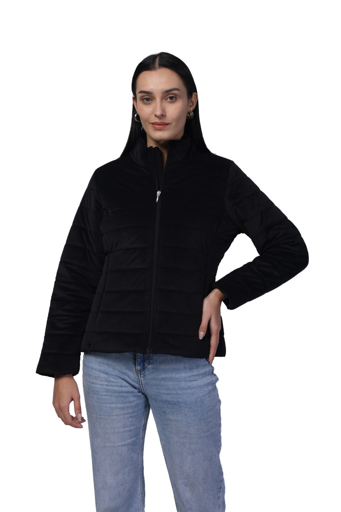 Women Quilted Jacket In Velvet Fabric With Concealed Zipper Pocket - Black