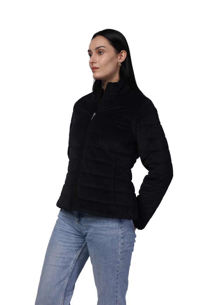 A model showcasing Women Quilted Jacket In Velvet Fabric With Concealed Zipper Pocket thumbnail.