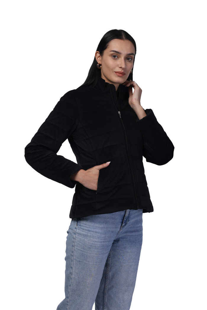 A model showcasing Women Quilted Jacket In Velvet Fabric With Concealed Zipper Pocket thumbnail.