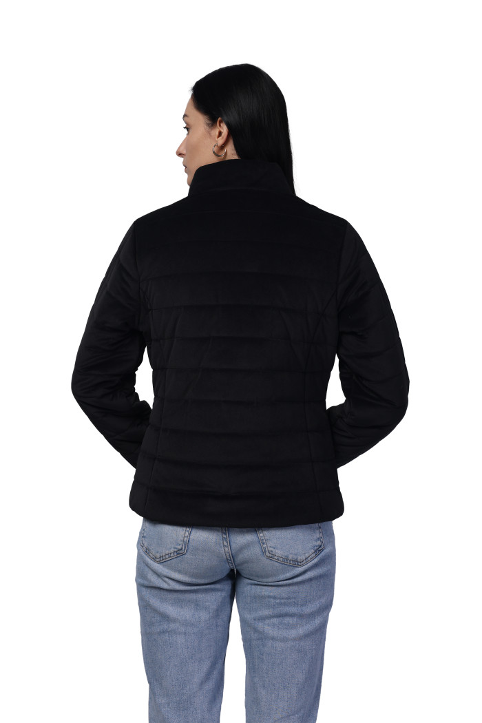 A model showcasing Women Quilted Jacket In Velvet Fabric With Concealed Zipper Pocket thumbnail.