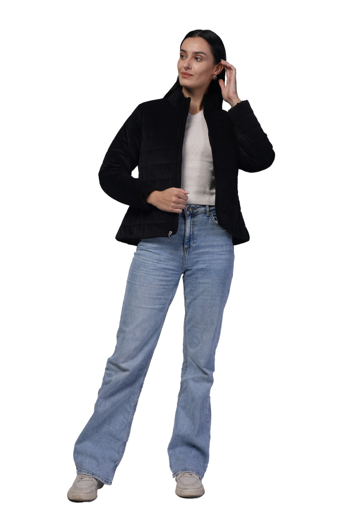 A model showcasing Women Quilted Jacket In Velvet Fabric With Concealed Zipper Pocket thumbnail.