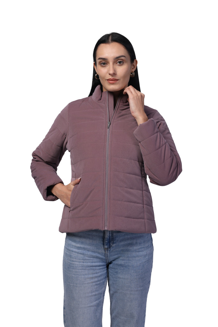 Women Quilted Jacket In Velvet Fabric With Concealed Zipper Pocket - Lilac