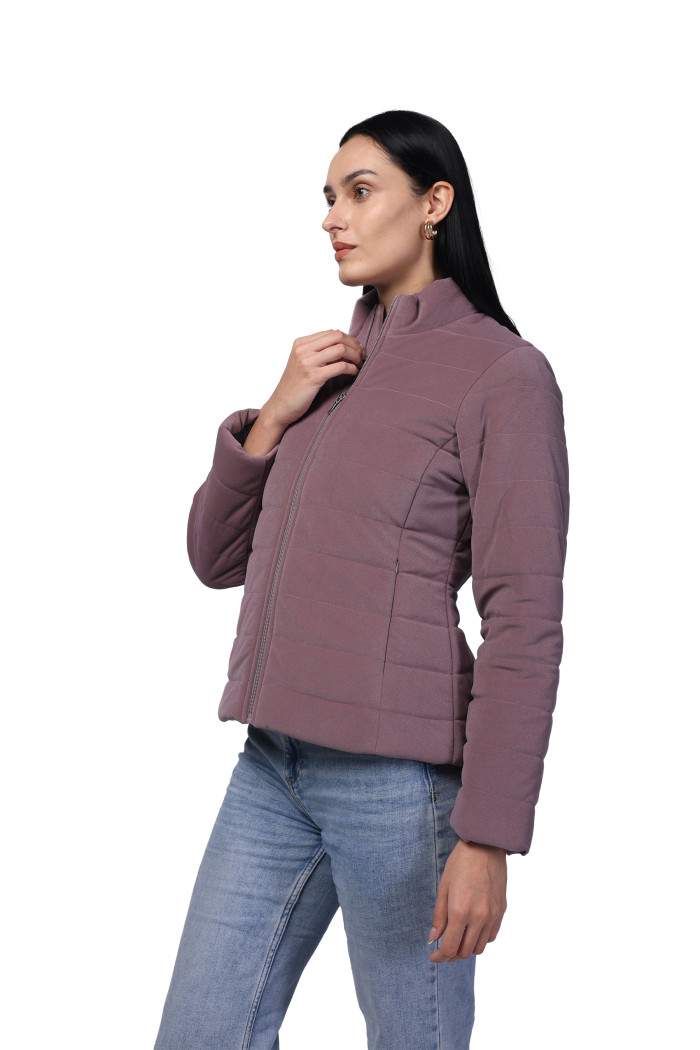 A model showcasing Women Quilted Jacket In Velvet Fabric With Concealed Zipper Pocket thumbnail.