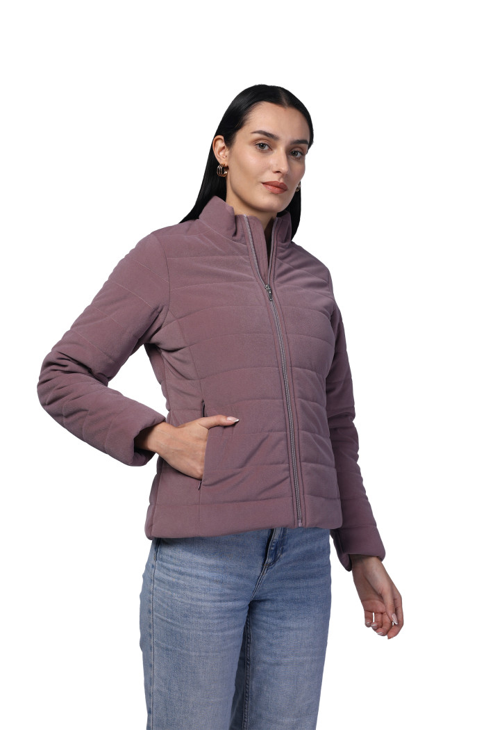 A model showcasing Women Quilted Jacket In Velvet Fabric With Concealed Zipper Pocket thumbnail.