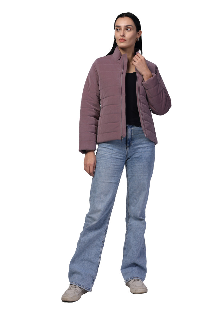 A model showcasing Women Quilted Jacket In Velvet Fabric With Concealed Zipper Pocket thumbnail.