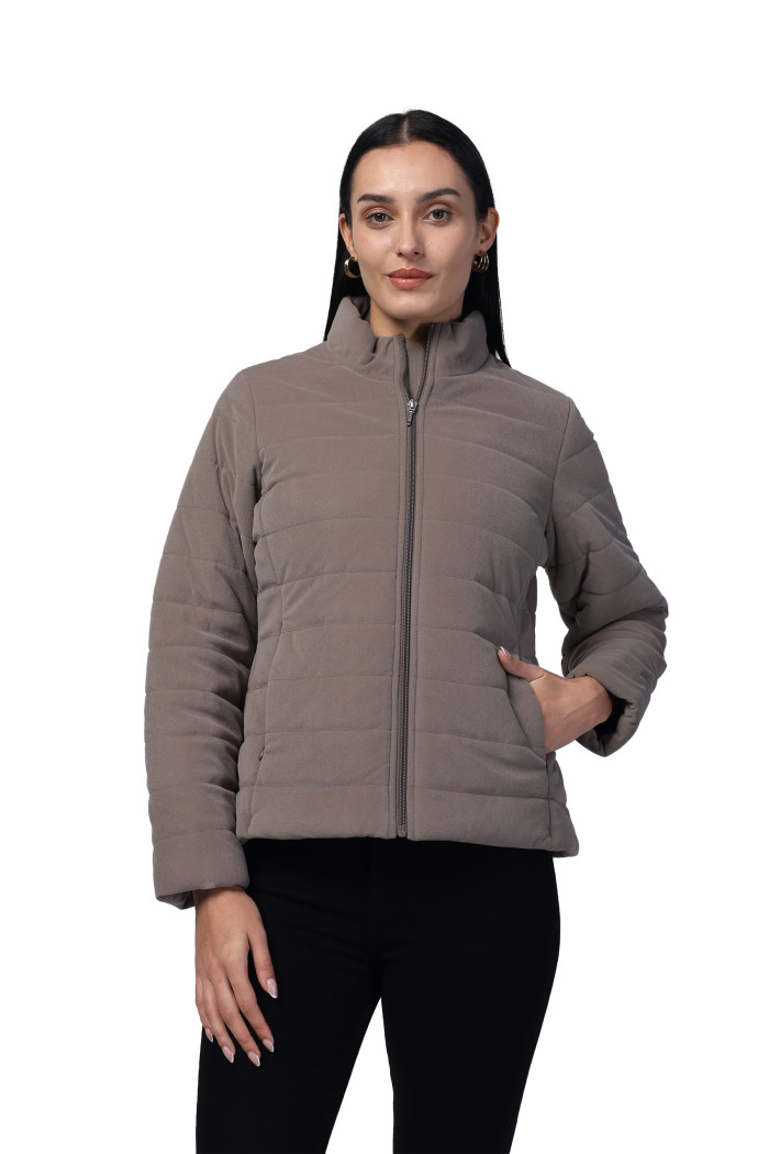 Women Quilted Jacket In Velvet Fabric With Concealed Zipper Pocket - Mud