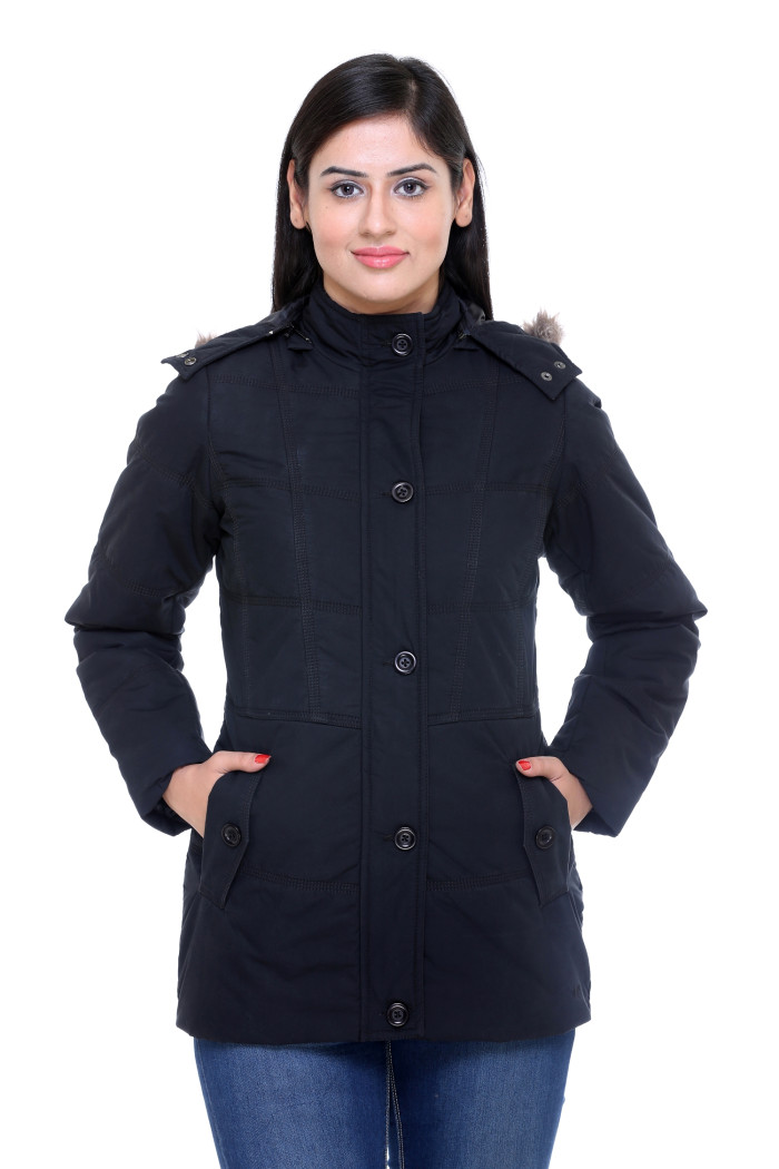 Women High Neck Casual Jacket With Detachable Hood - Black