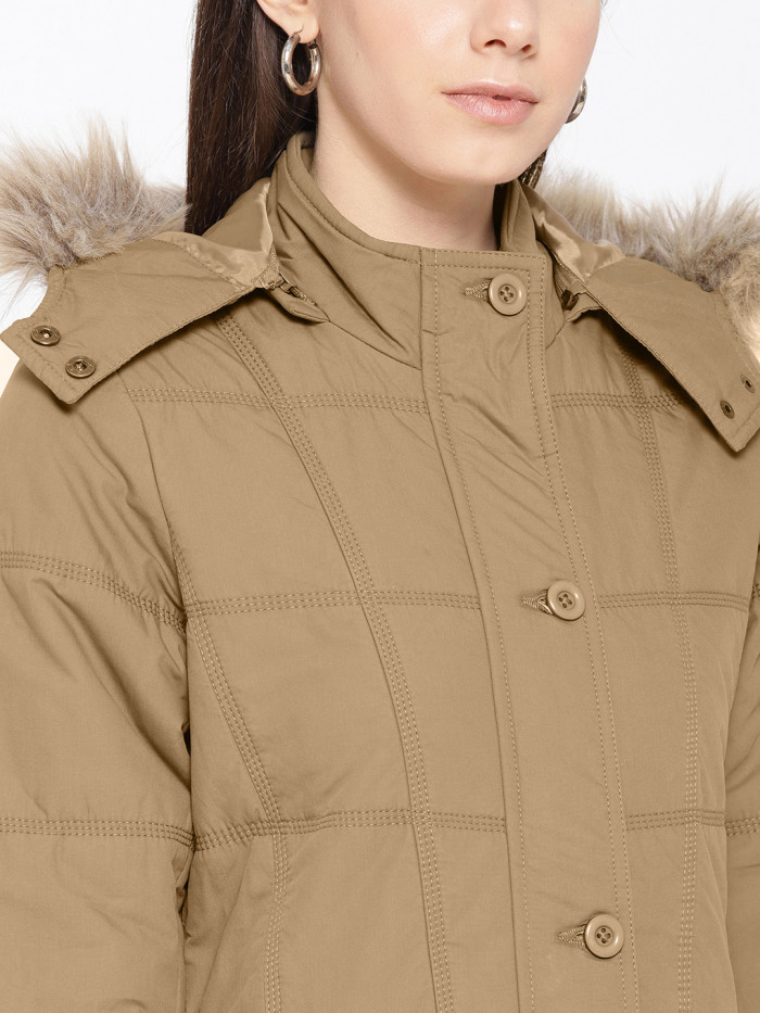 A model showcasing Women High Neck Casual Jacket With Detachable Hood thumbnail.