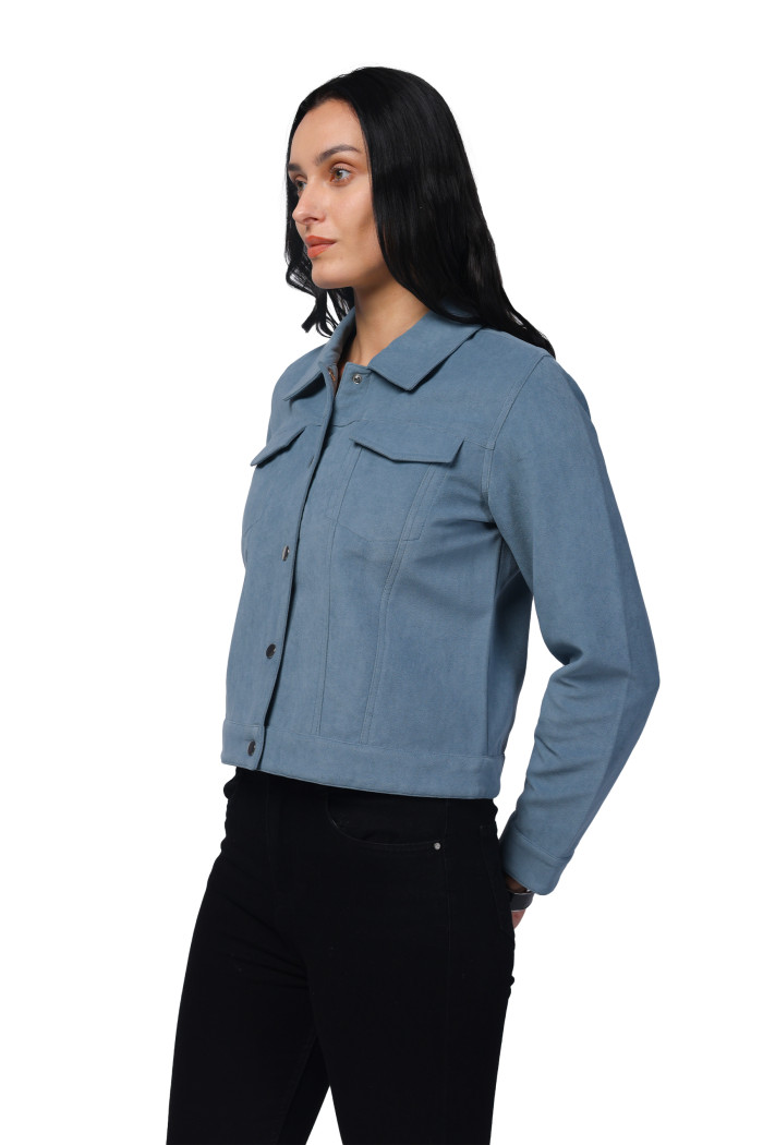 A model showcasing Women Shirt Collar Short Jacket in Bonded Suede Fabric thumbnail.
