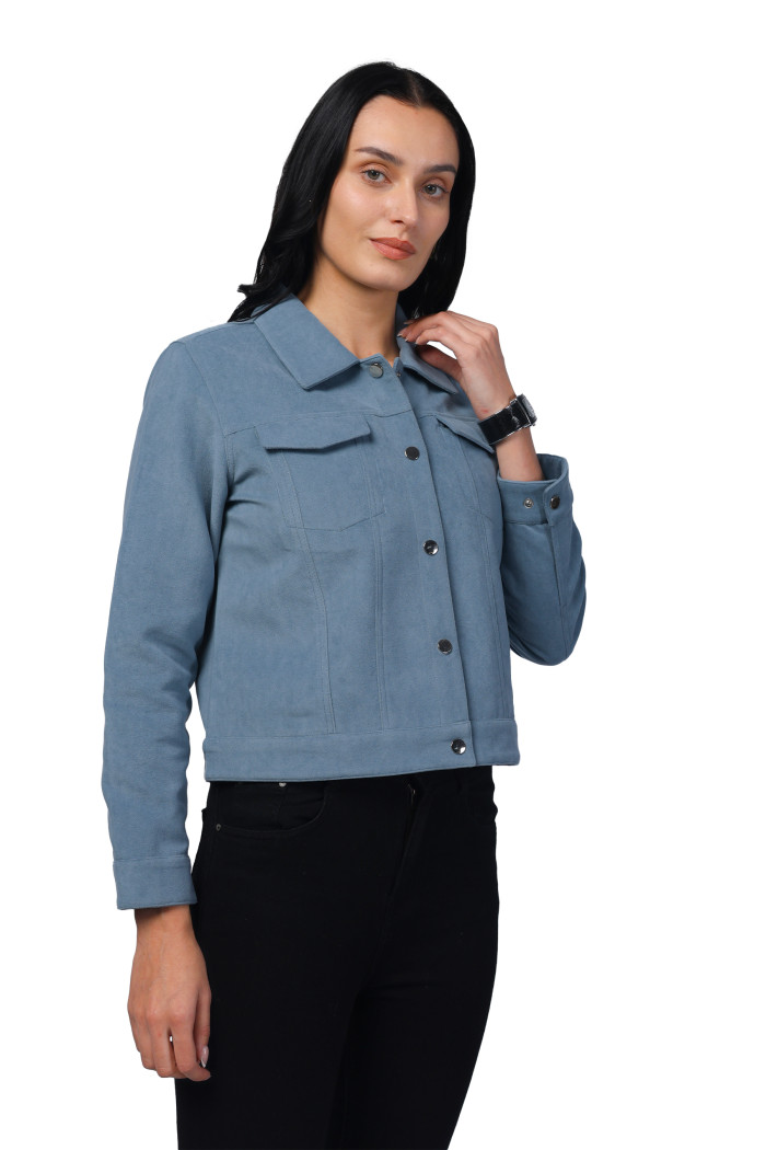 A model showcasing Women Shirt Collar Short Jacket in Bonded Suede Fabric thumbnail.
