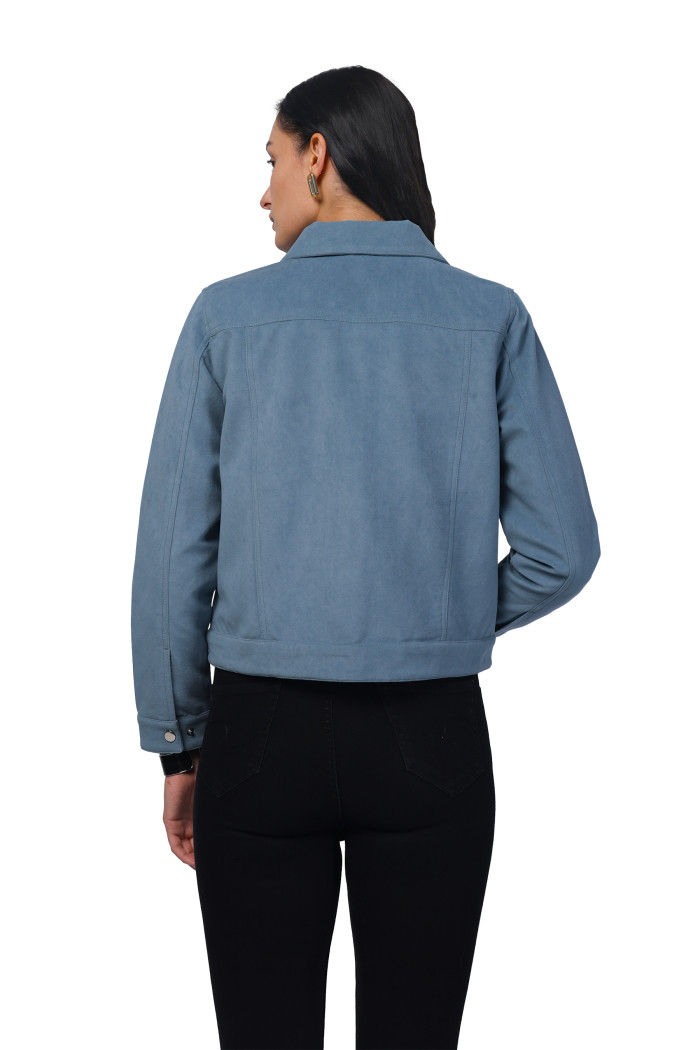 A model showcasing Women Shirt Collar Short Jacket in Bonded Suede Fabric thumbnail.