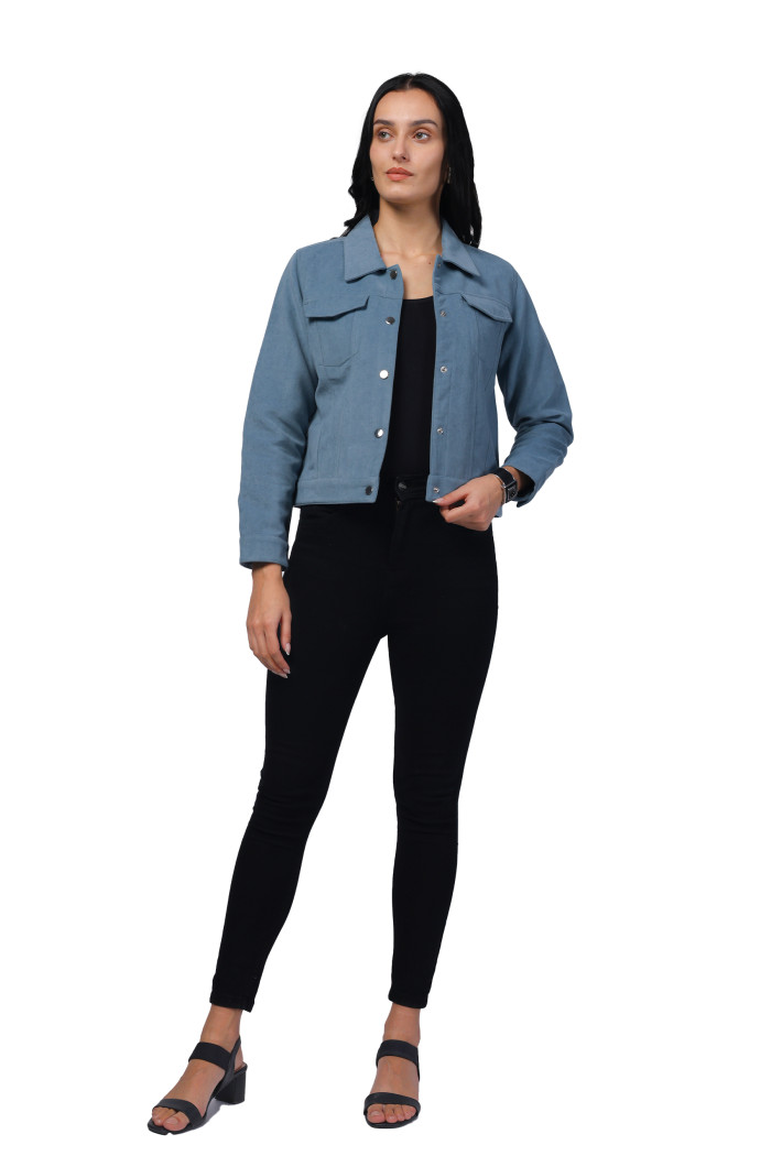 A model showcasing Women Shirt Collar Short Jacket in Bonded Suede Fabric thumbnail.