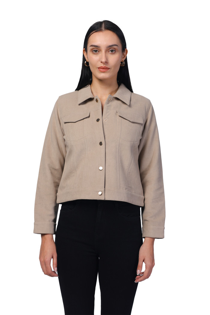 Women Shirt Collar Short Jacket In Bonded Suede Fabric - Fawn