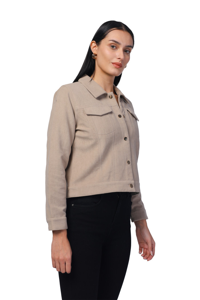 A model showcasing Women Shirt Collar Short Jacket In Bonded Suede Fabric thumbnail.