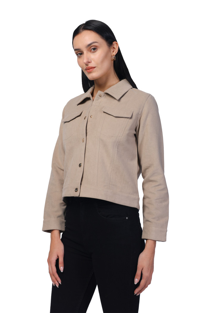 A model showcasing Women Shirt Collar Short Jacket In Bonded Suede Fabric thumbnail.
