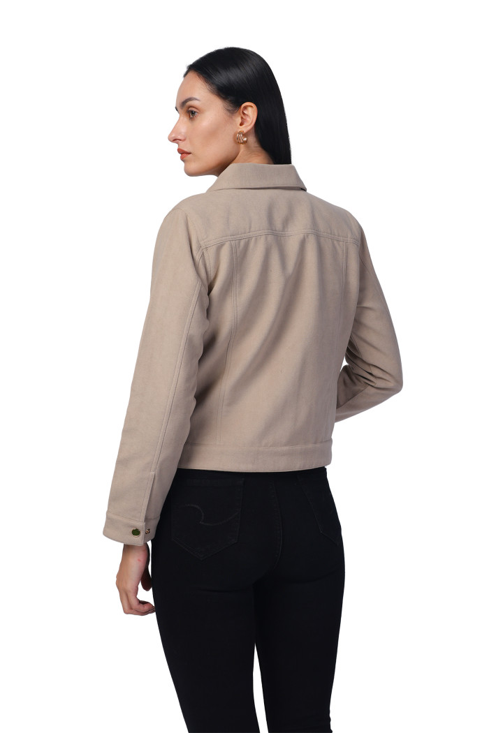 A model showcasing Women Shirt Collar Short Jacket In Bonded Suede Fabric thumbnail.