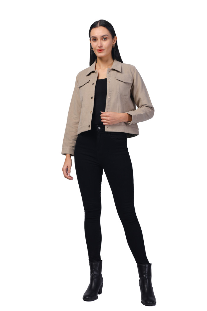 A model showcasing Women Shirt Collar Short Jacket In Bonded Suede Fabric thumbnail.