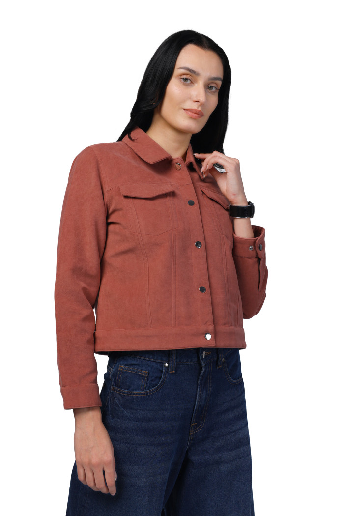 A model showcasing Women Shirt Collar Short Jacket In Bonded Suede Fabric thumbnail.