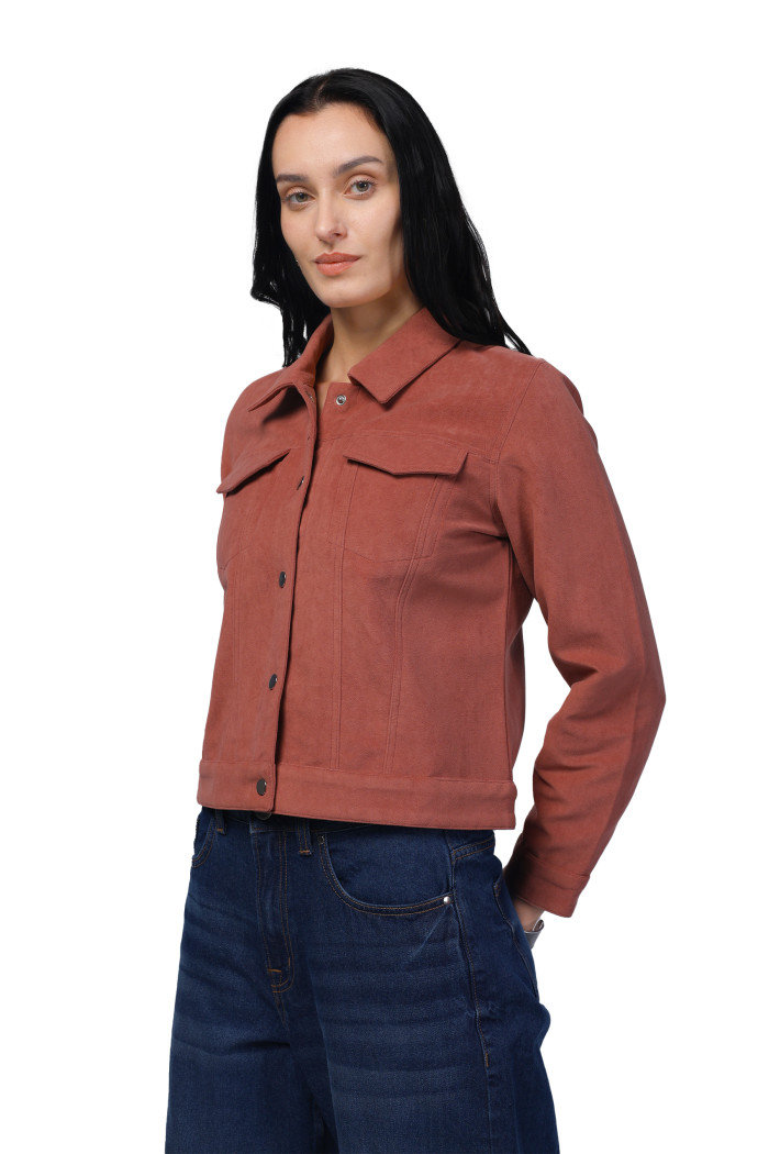 A model showcasing Women Shirt Collar Short Jacket In Bonded Suede Fabric thumbnail.