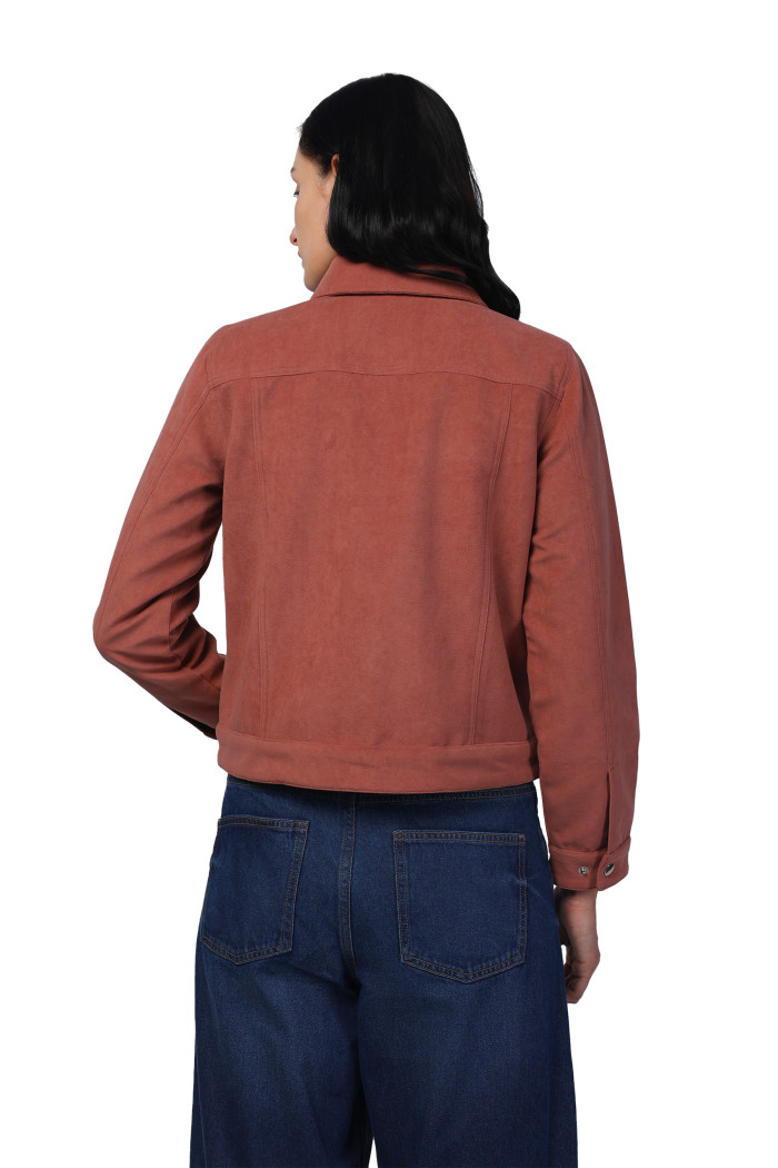 A model showcasing Women Shirt Collar Short Jacket In Bonded Suede Fabric thumbnail.
