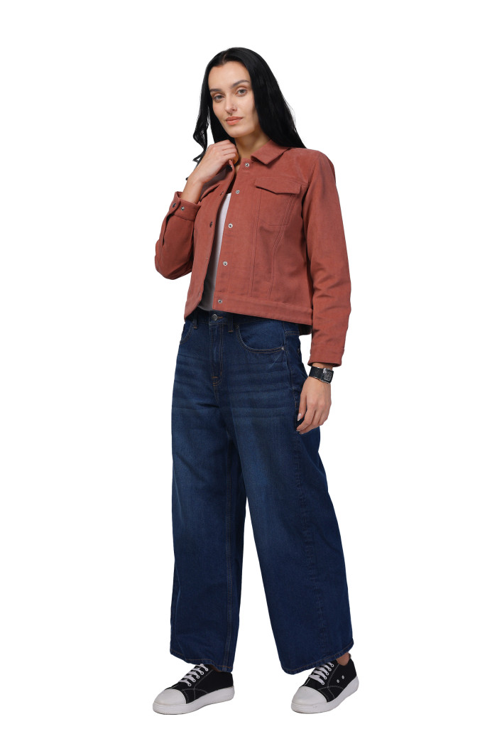 A model showcasing Women Shirt Collar Short Jacket In Bonded Suede Fabric thumbnail.