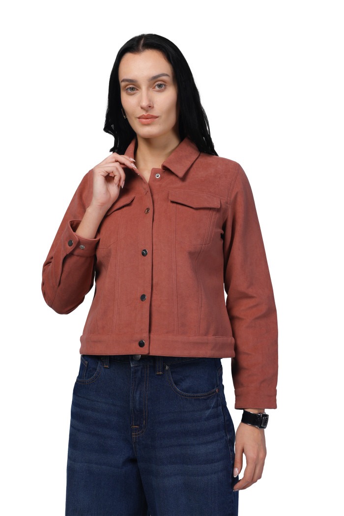 A model showcasing Women Shirt Collar Short Jacket In Bonded Suede Fabric thumbnail.