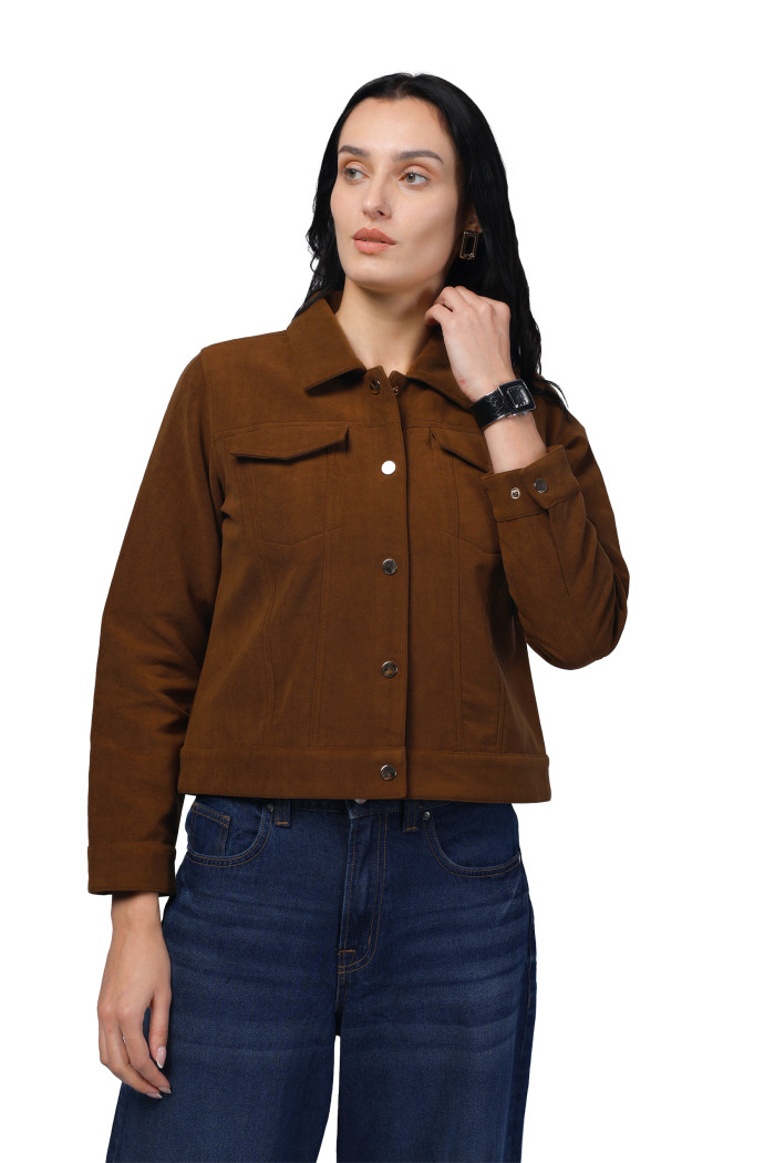 Women Shirt Collar Short Jacket In Bonded Suede Fabric - Tan