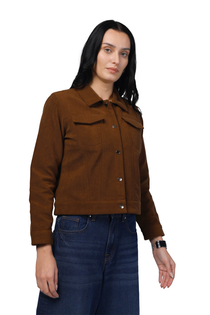 A model showcasing Women Shirt Collar Short Jacket In Bonded Suede Fabric thumbnail.