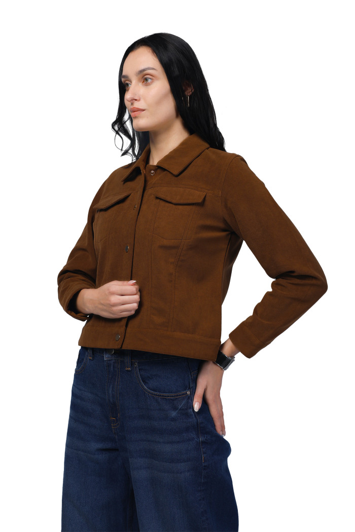 A model showcasing Women Shirt Collar Short Jacket In Bonded Suede Fabric thumbnail.